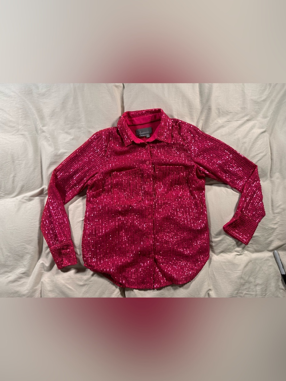ANTHROPOLOGIE Sequin Button Down Blouse XS Pink Sheer Sparkle Barbie Babydoll